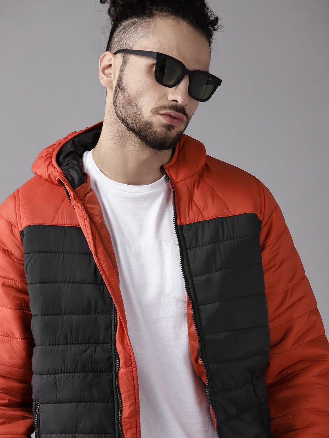 

Roadster Men Black & Orange Colourblocked Padded Jacket