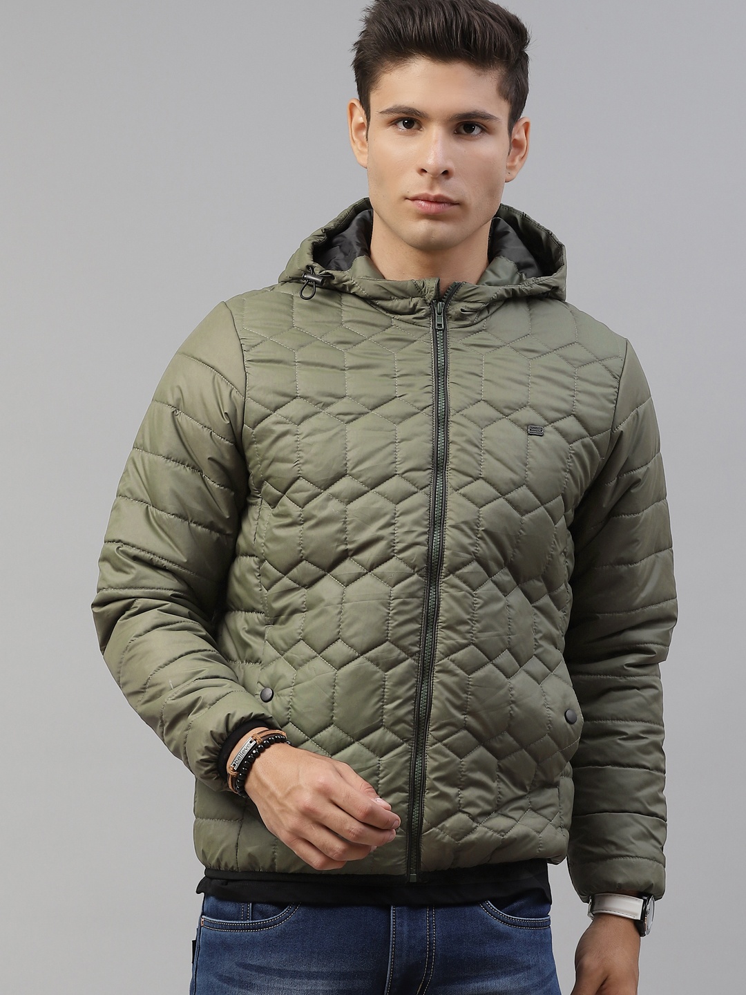 

Roadster Men Olive Green Hooded Quilted Jacket