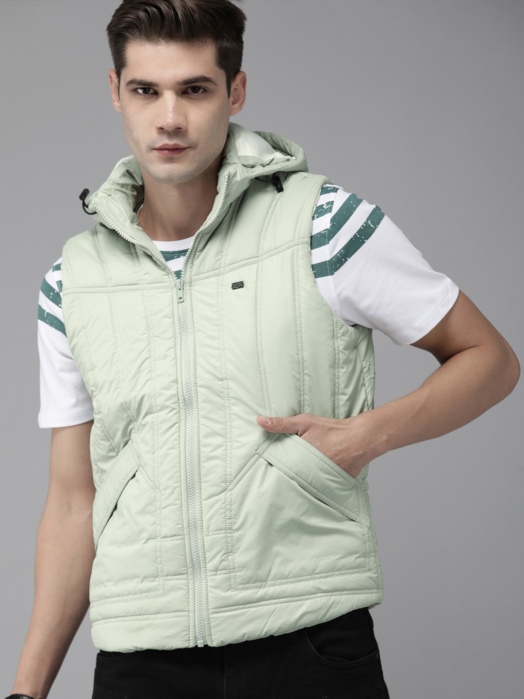 

Roadster Men Green Padded Jacket With Detachable Hood