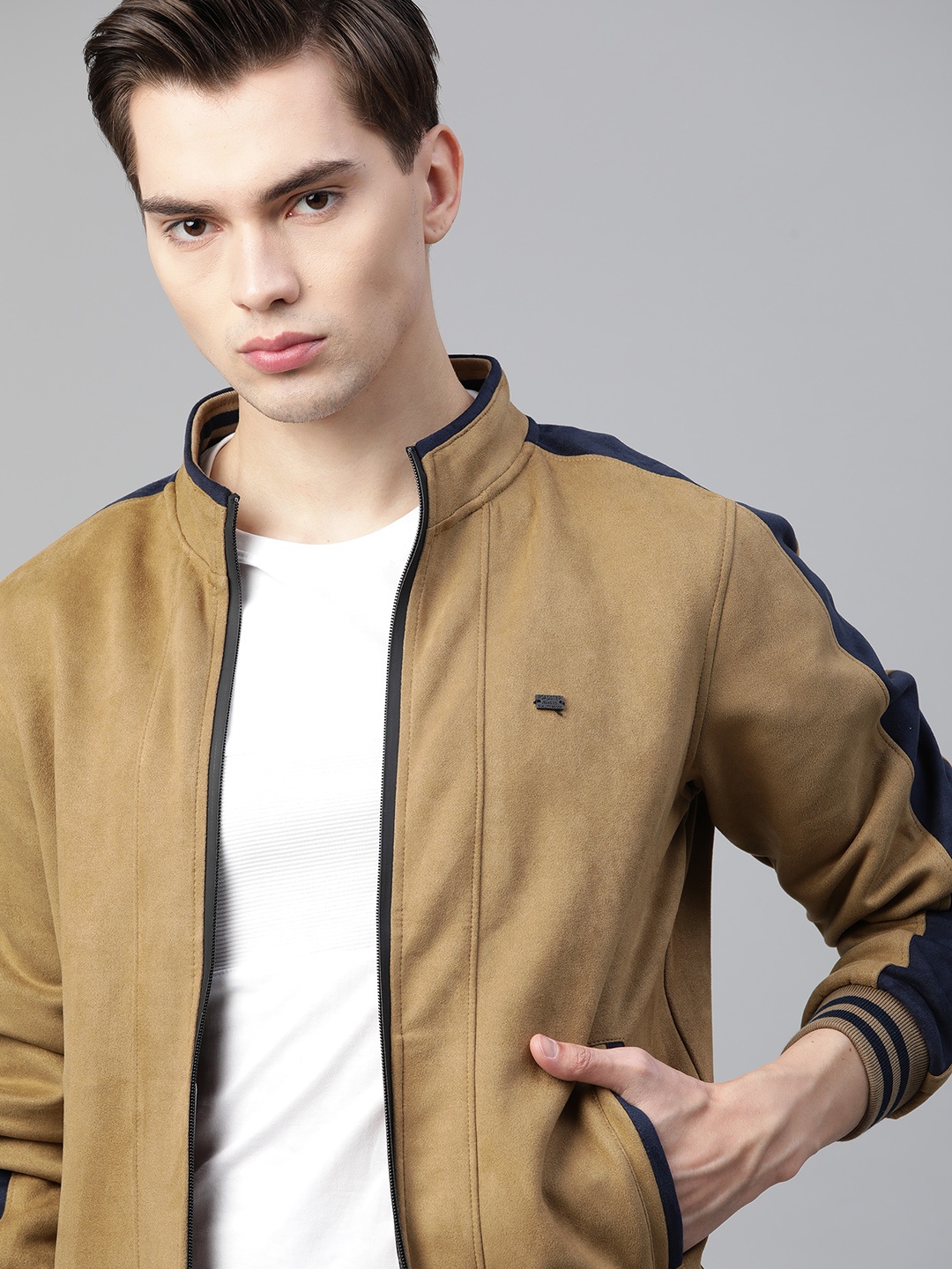 

Roadster Men Khaki Suede Finish Bomber Jacket