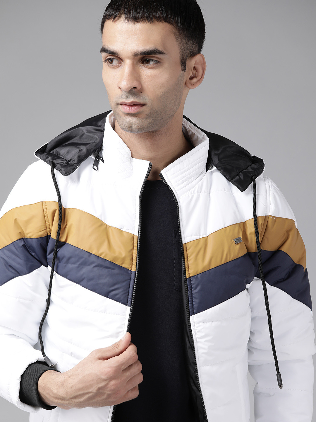 

Roadster Men White & Navy Blue Striped Padded Jacket with Detachable Hood