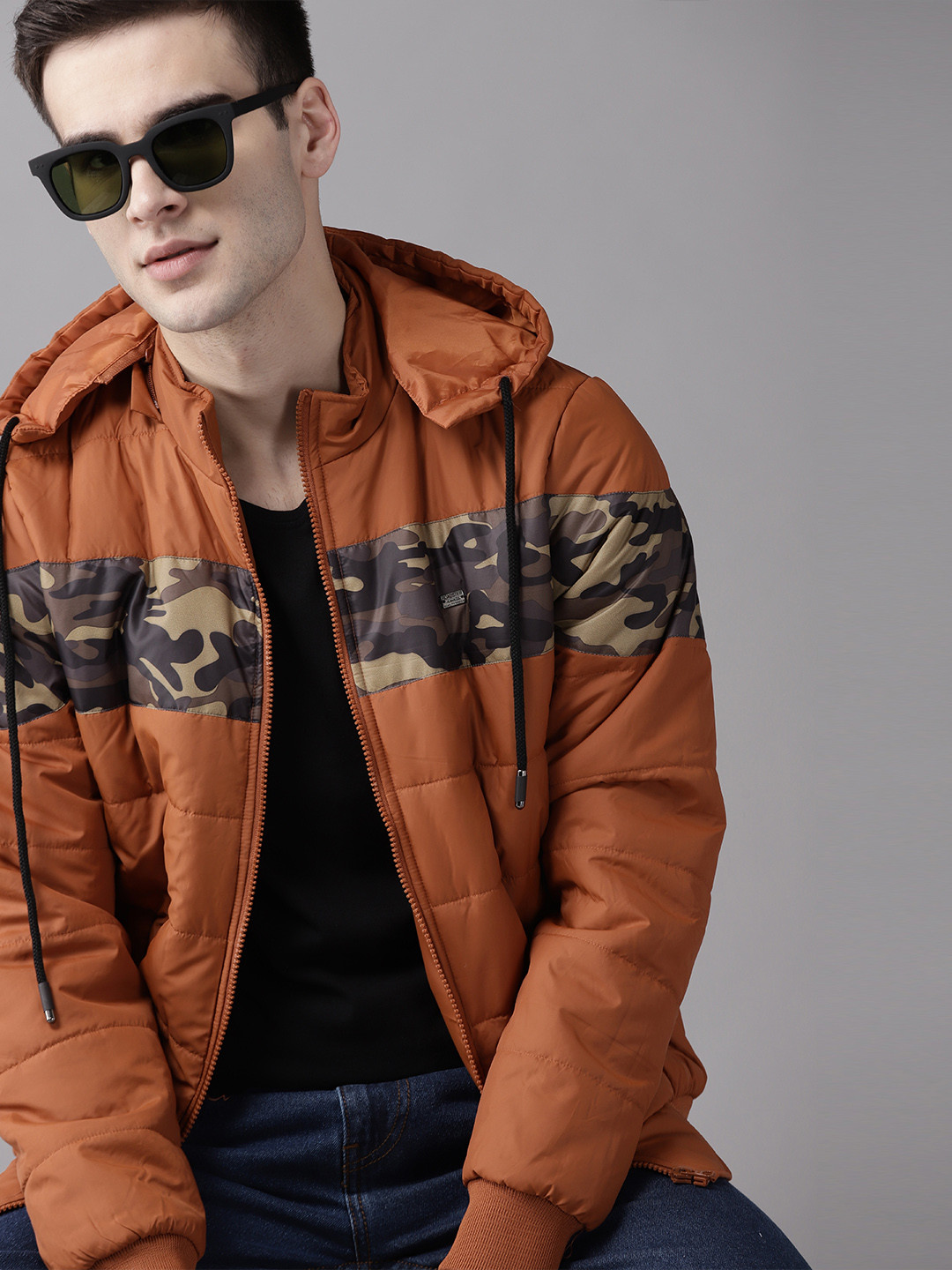 

Roadster Men Rust Orange & Olive Green Camouflage Print Detachable Hood Padded Jacket