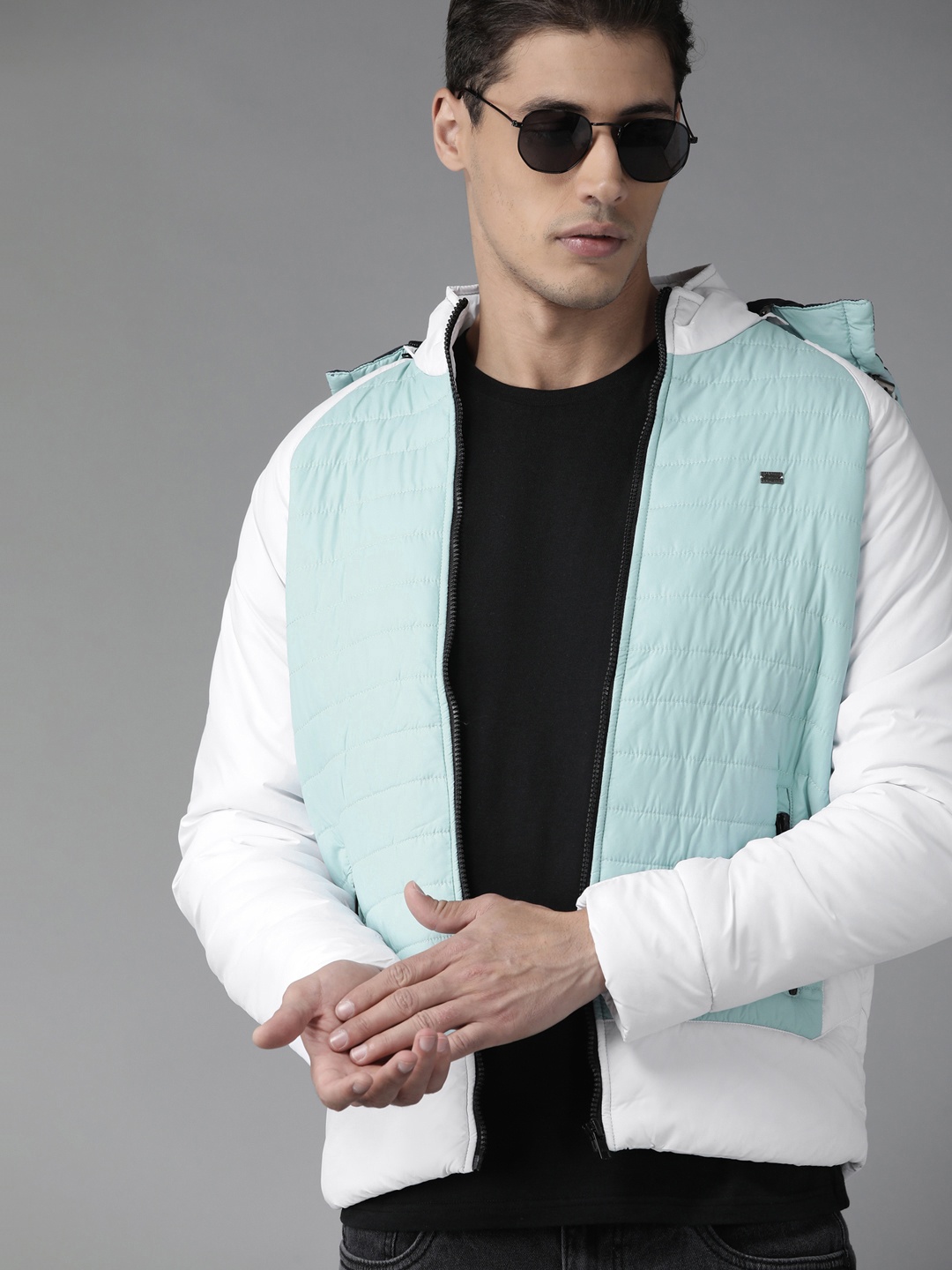 

Roadster Men Blue & White Colourblocked Detachable Hood Padded Jacket