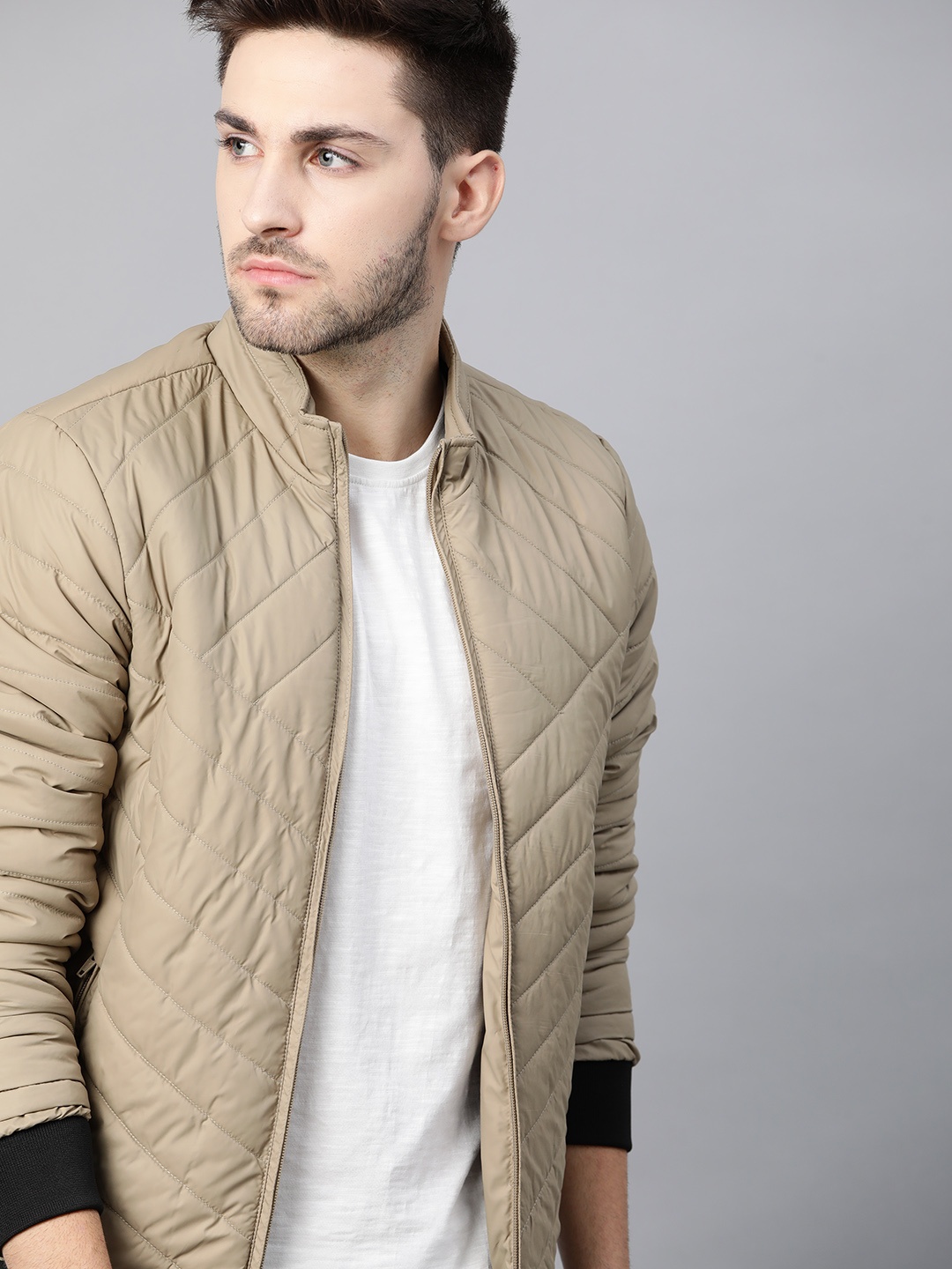 

Roadster Men Beige Solid Bomber Jacket