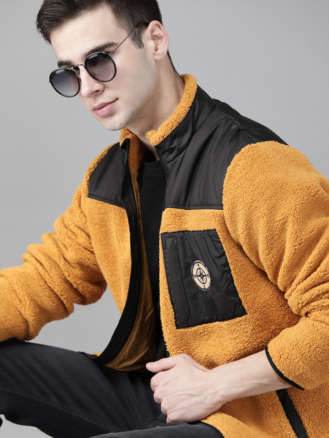 

Roadster Men Mustard Yellow & Black Colourblocked Sherpa Jacket