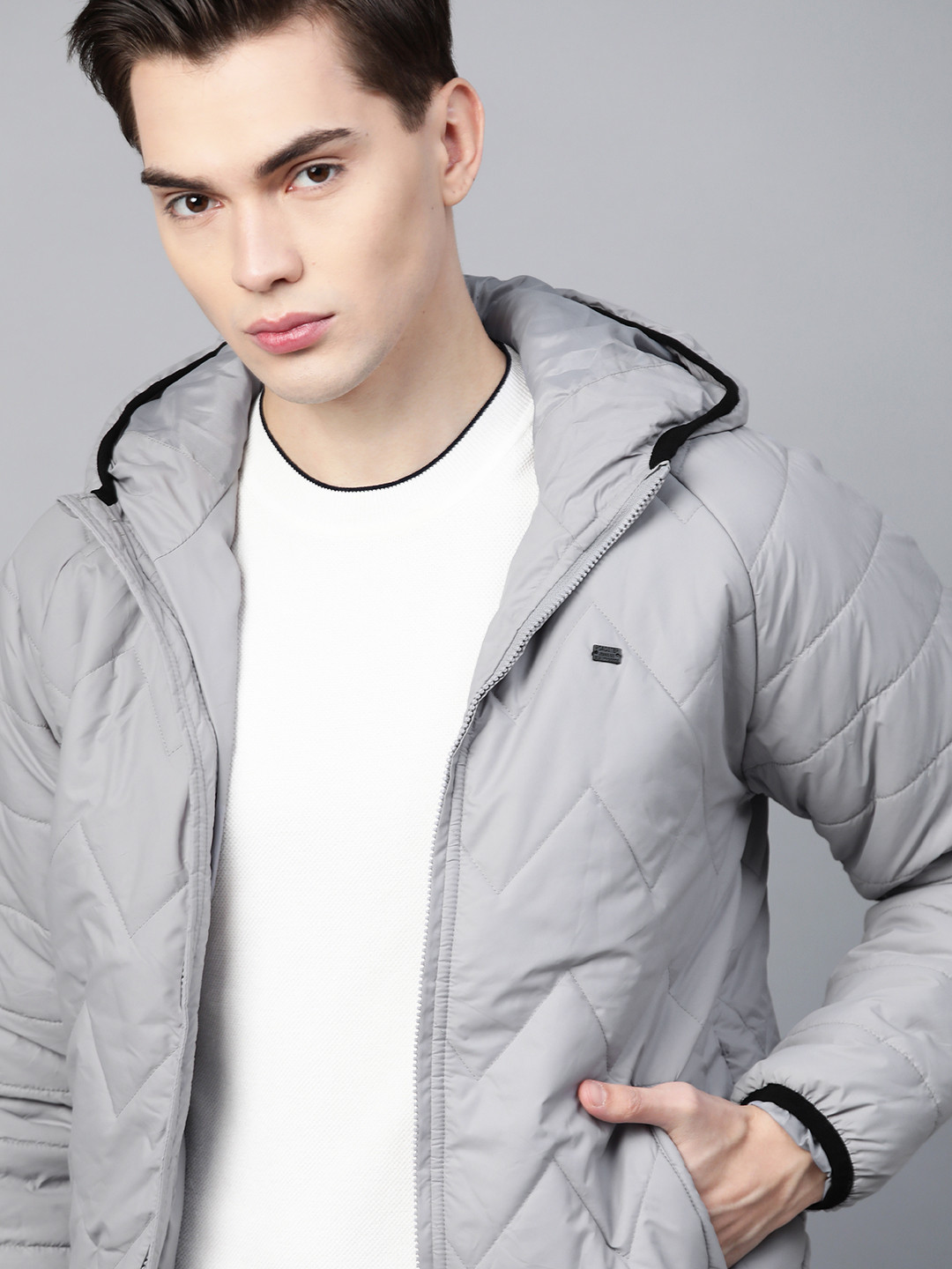 

Roadster Men Grey Hooded Solid Padded Jacket