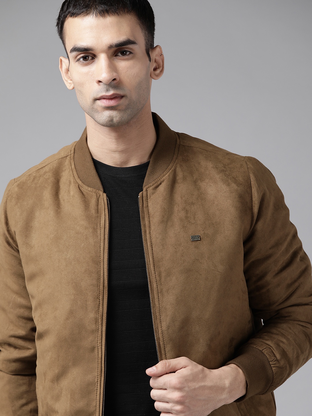 

Roadster Men Brown Suede Finish Bomber Jacket, Taupe