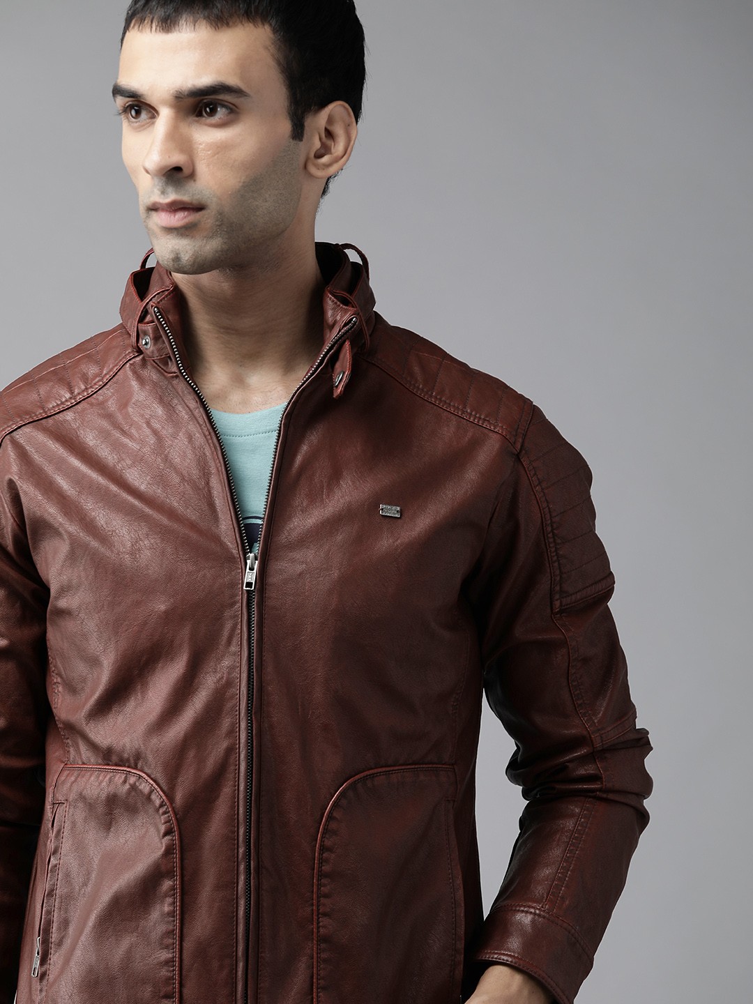 

Roadster Men Maroon Solid Biker Jacket