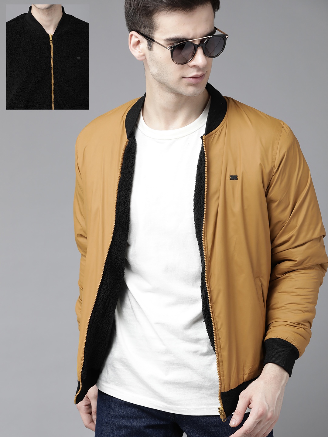 

Roadster Men Mustard Yellow & Black Reversible Sherpa Solid Bomber Jacket