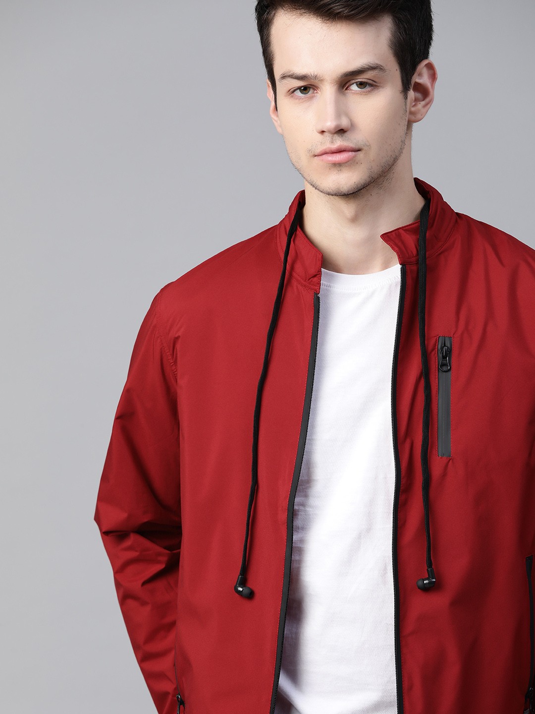 

Roadster Men Maroon Solid Tailored Jacket with attached Earphones