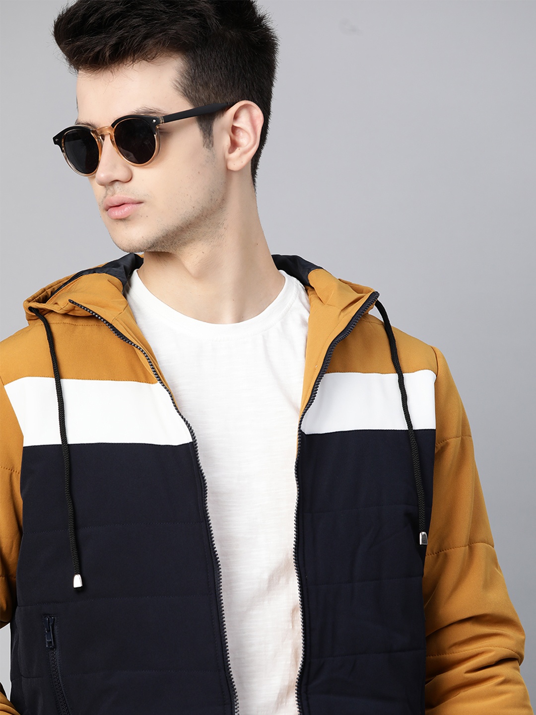 

Roadster Men Black & Mustard Yellow Colourblocked Hooded Bomber Jacket