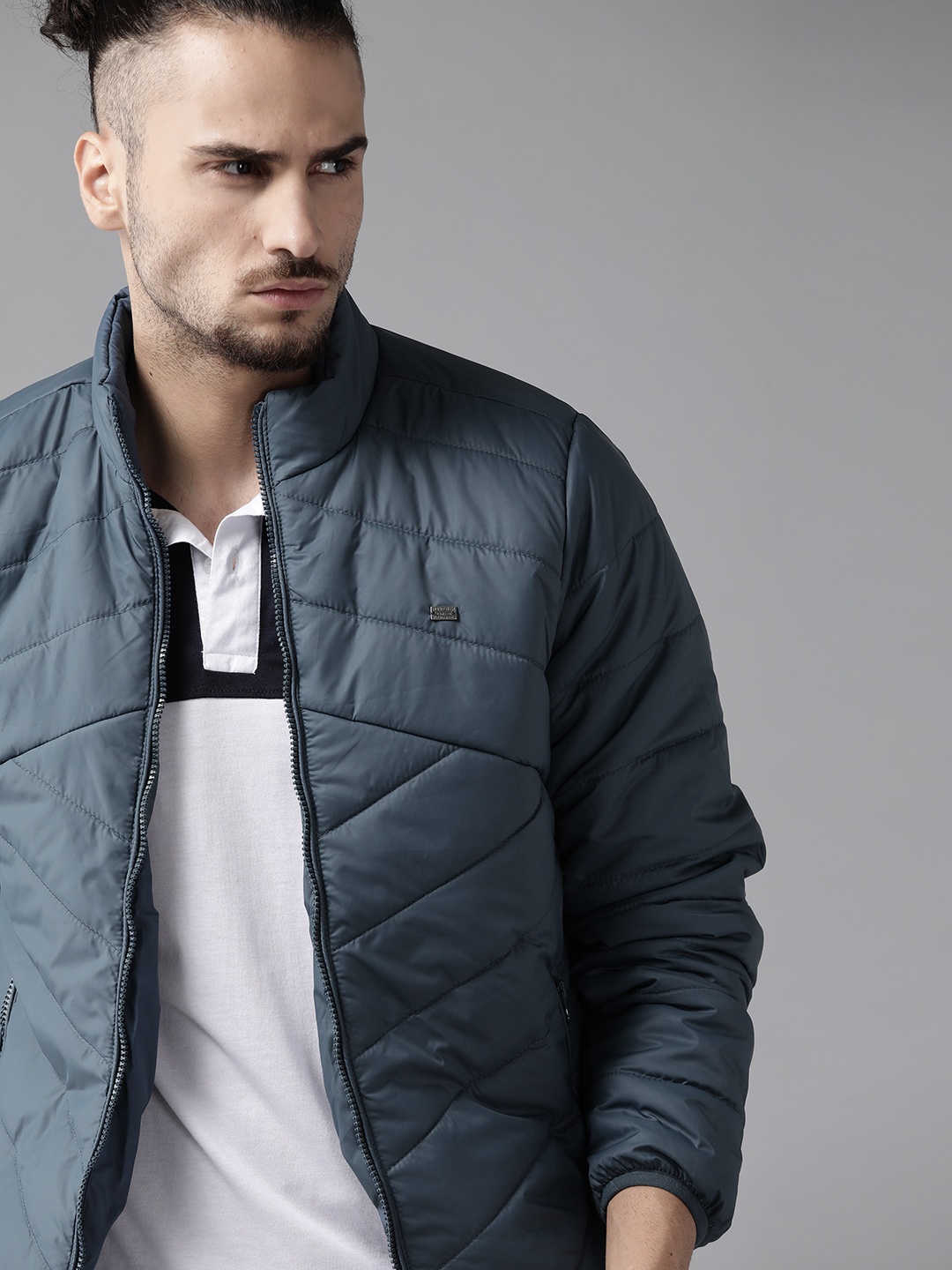 

Roadster Men Navy Blue Solid Padded Jacket