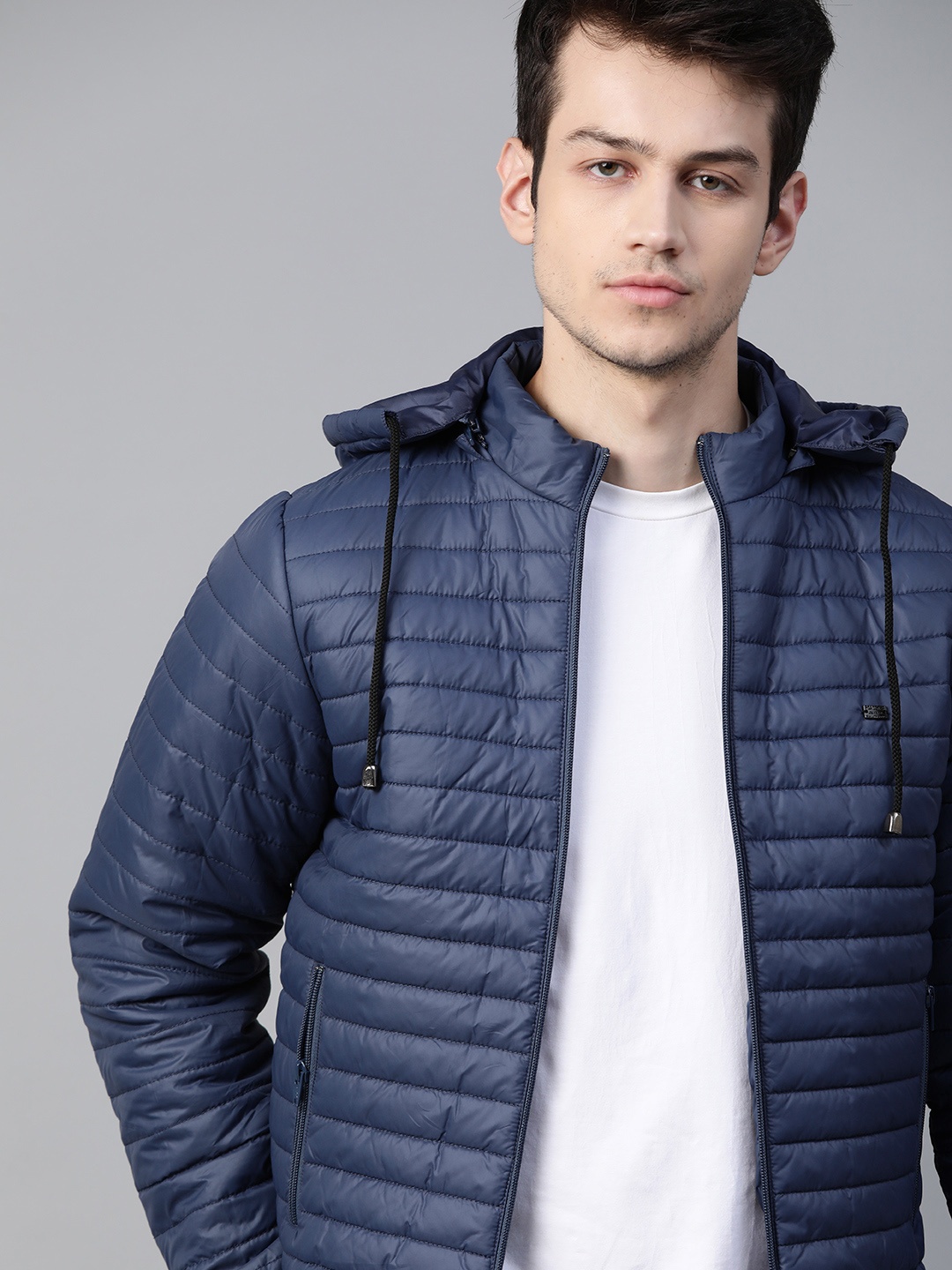 

Roadster Men Navy Blue Solid Detachable Hooded Padded Jacket