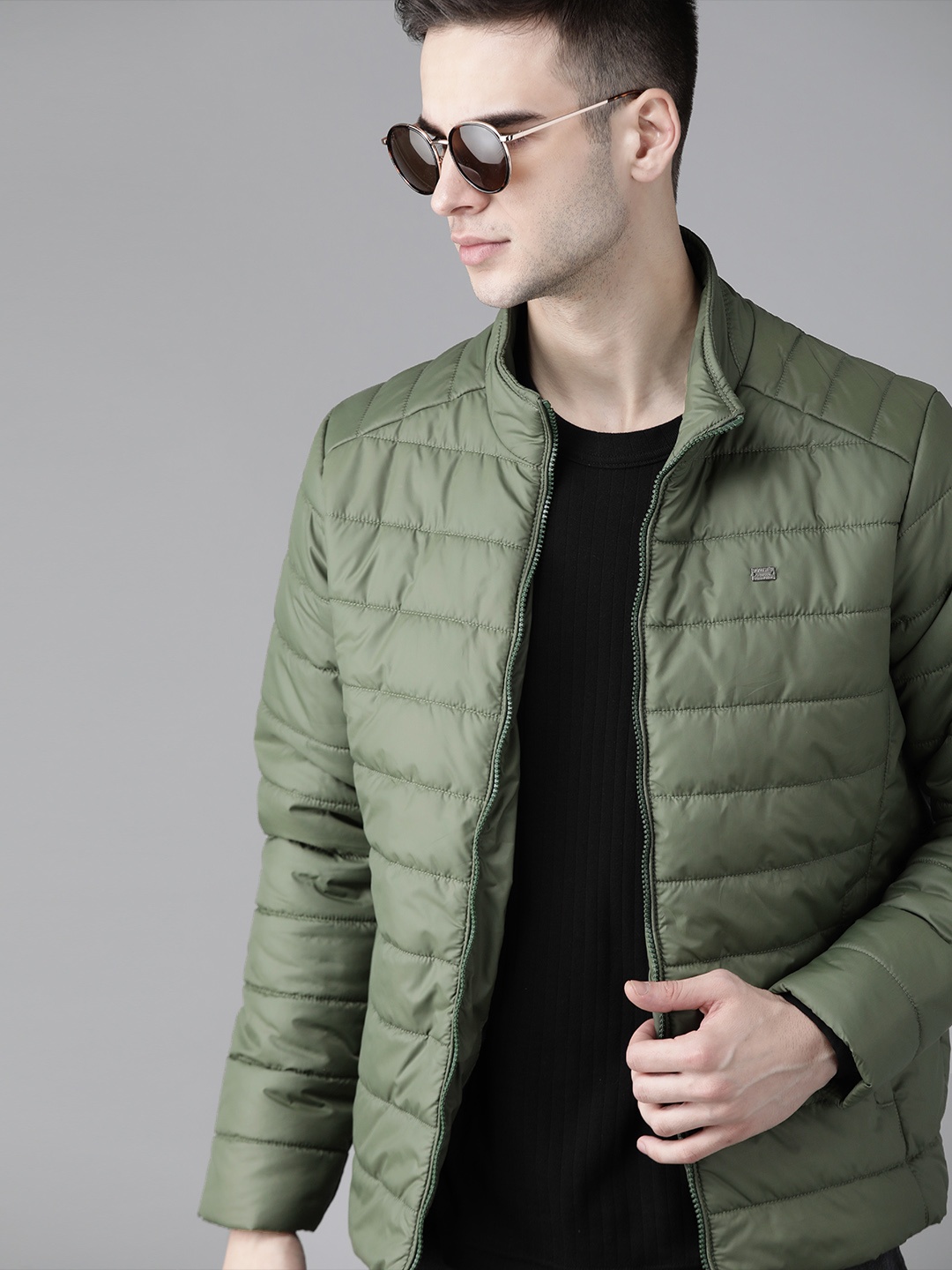 

Roadster Men Olive Green Solid Padded Jacket