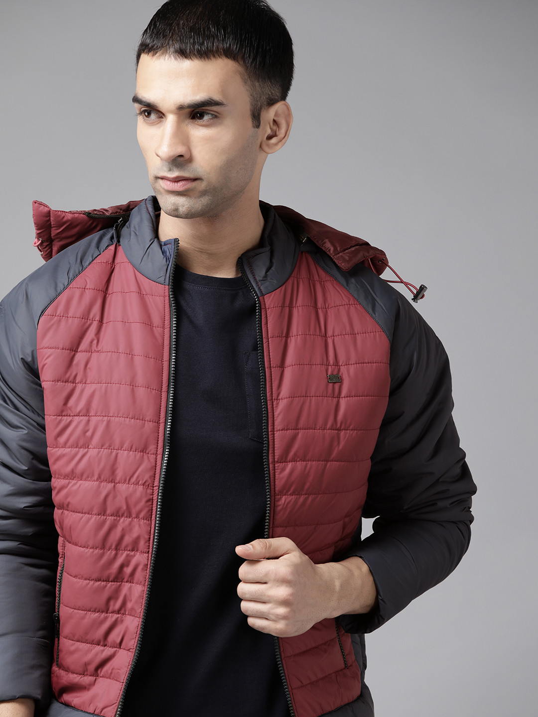 

Roadster Men Maroon & Navy Colourblocked Padded Jacket with Detachable Hood