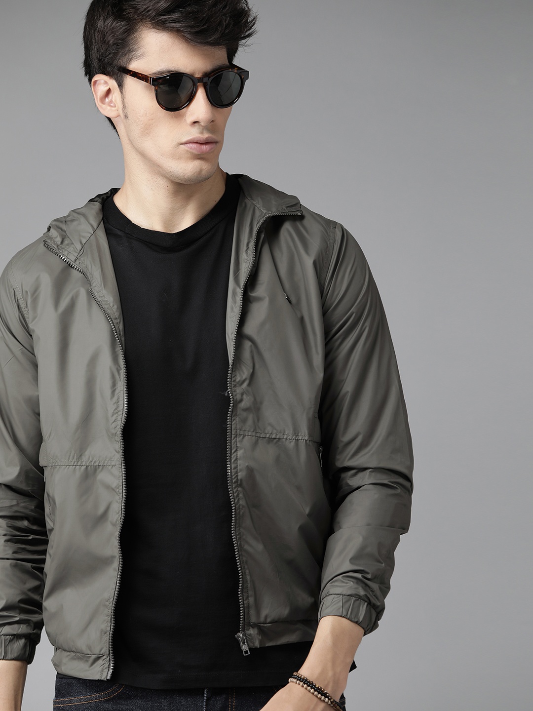 

Roadster Men Charcoal Grey Solid Bomber Jacket