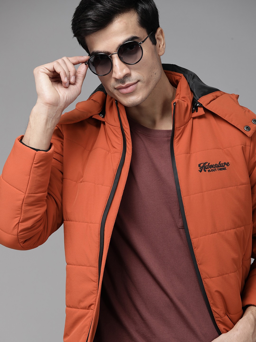 

Roadster Men Rust Orange Solid Detachable Hood Padded Jacket