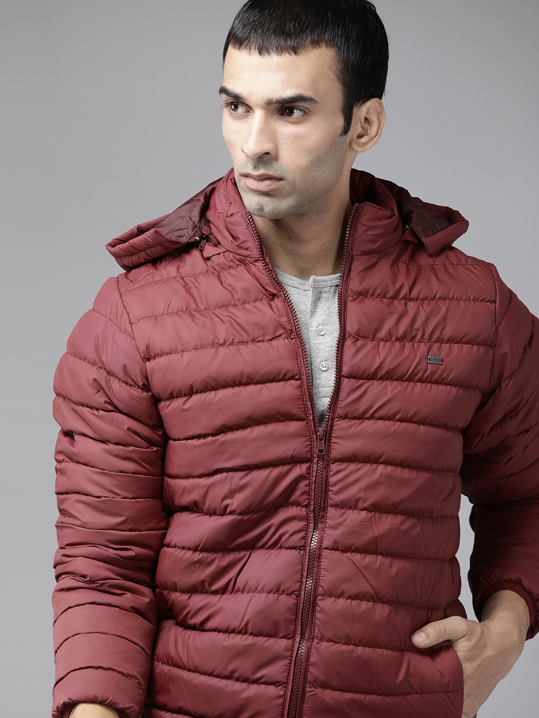 

Roadster Men Maroon Solid Padded Jacket with Detachable Hood