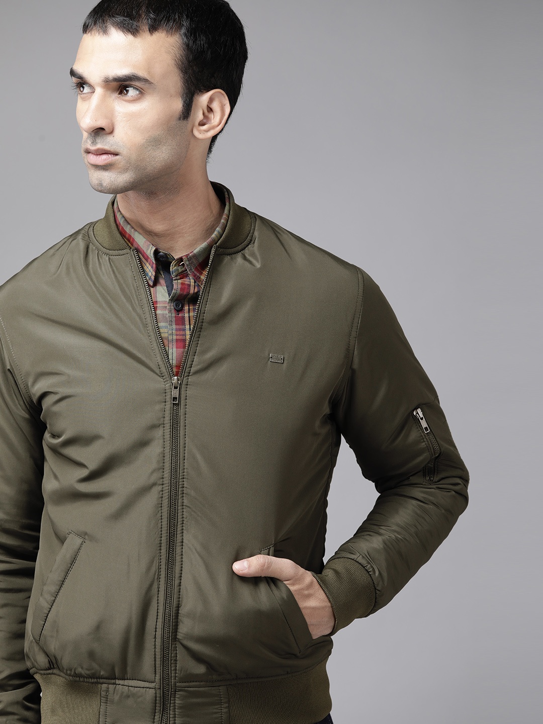 

Roadster Men Olive Green Solid Bomber Jacket