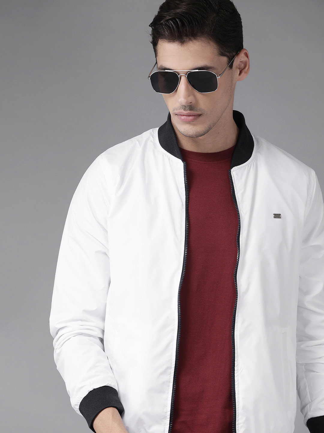 

Roadster Men White Solid Bomber Jacket