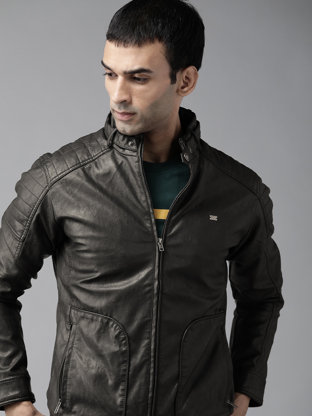 

Roadster Men Black Solid Biker Jacket