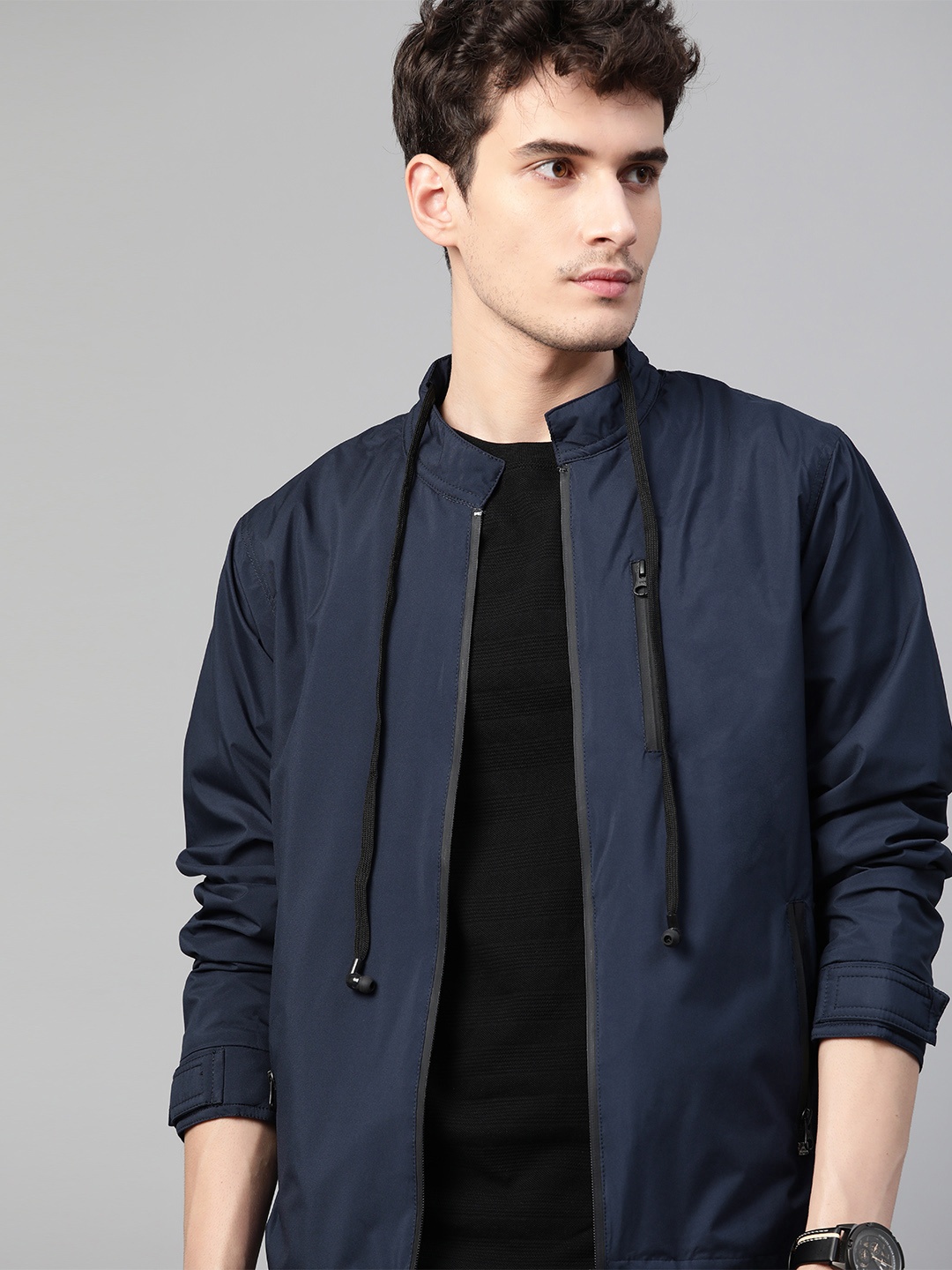 

Roadster Men Navy Blue Solid Tailored Jacket With Attached Earphones