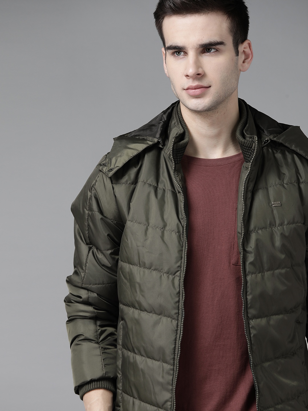 

Roadster Men Olive Green Solid Padded Jacket