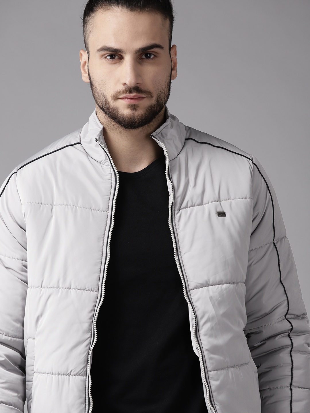 

Roadster Men Grey Solid Padded Jacket