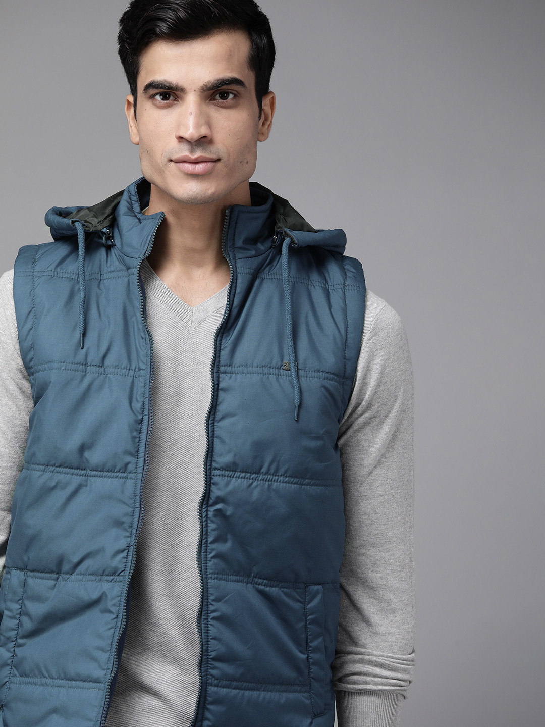 

Roadster Men Teal Blue Padded Jacket with Detachable Hood