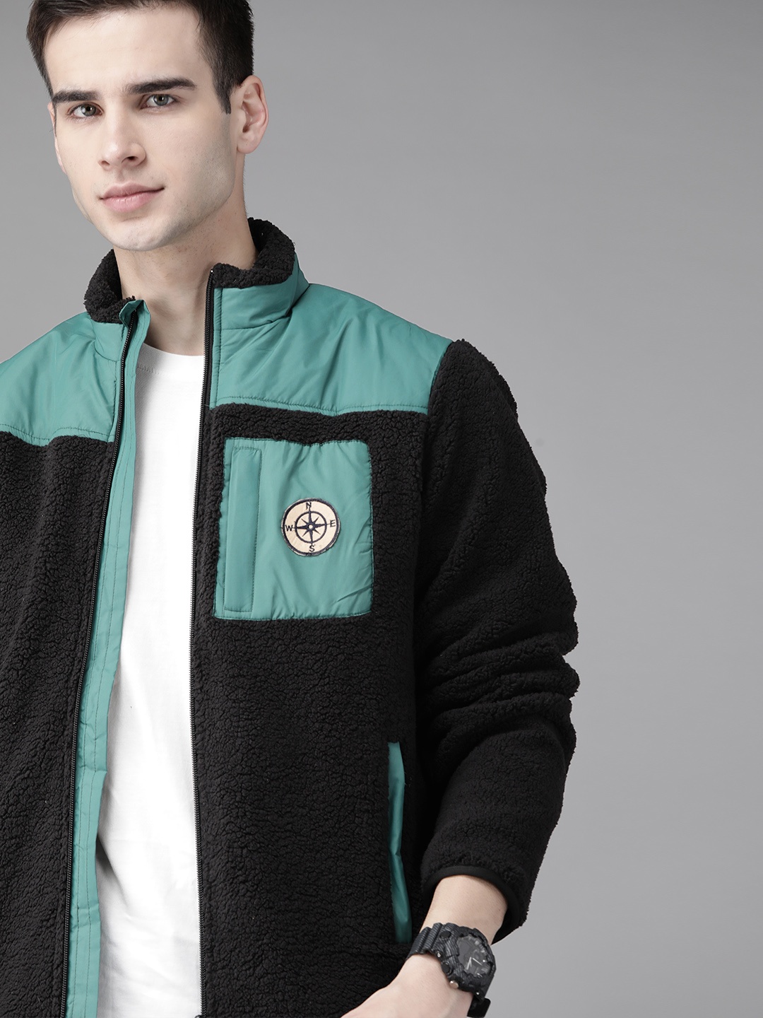 

Roadster Men Black & Sea Green Colourblocked Sherpa Jacket