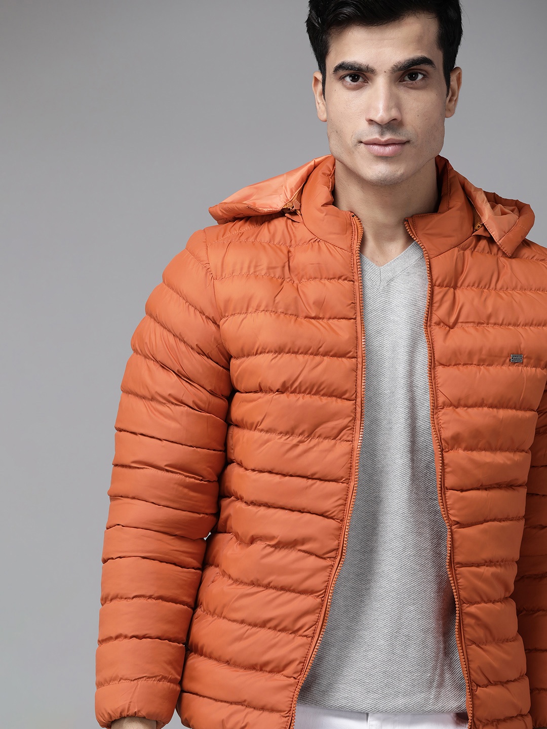 

Roadster Men Orange Padded Jacket with Detachable Hood