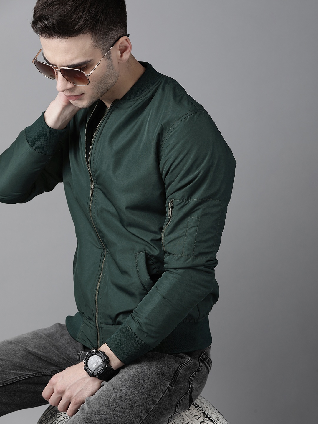 

Roadster Men Green Solid Bomber Jacket