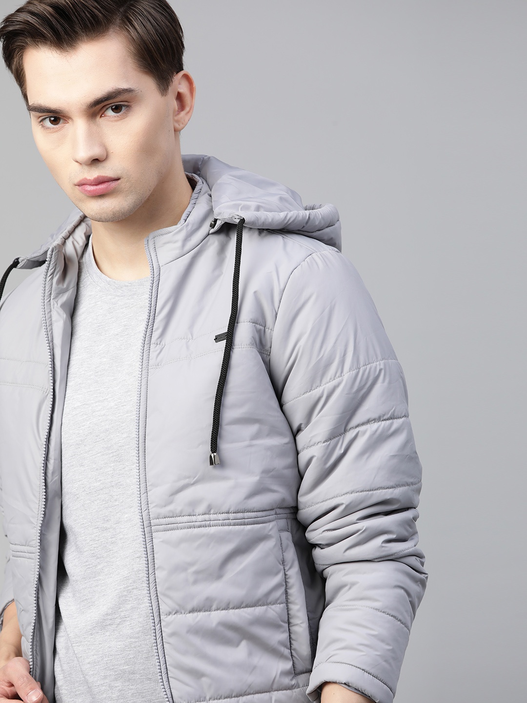 

Roadster Men Grey Solid Detachable Hood Padded Jacket