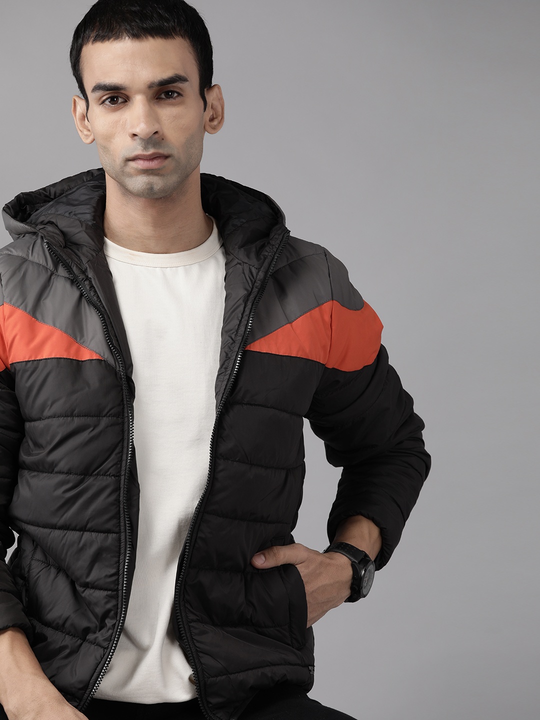 

Roadster Men Black Orange Colourblocked Padded Jacket