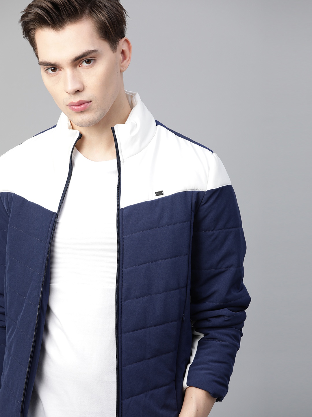 

Roadster Men Navy Blue & White Colourblocked Padded Jacket