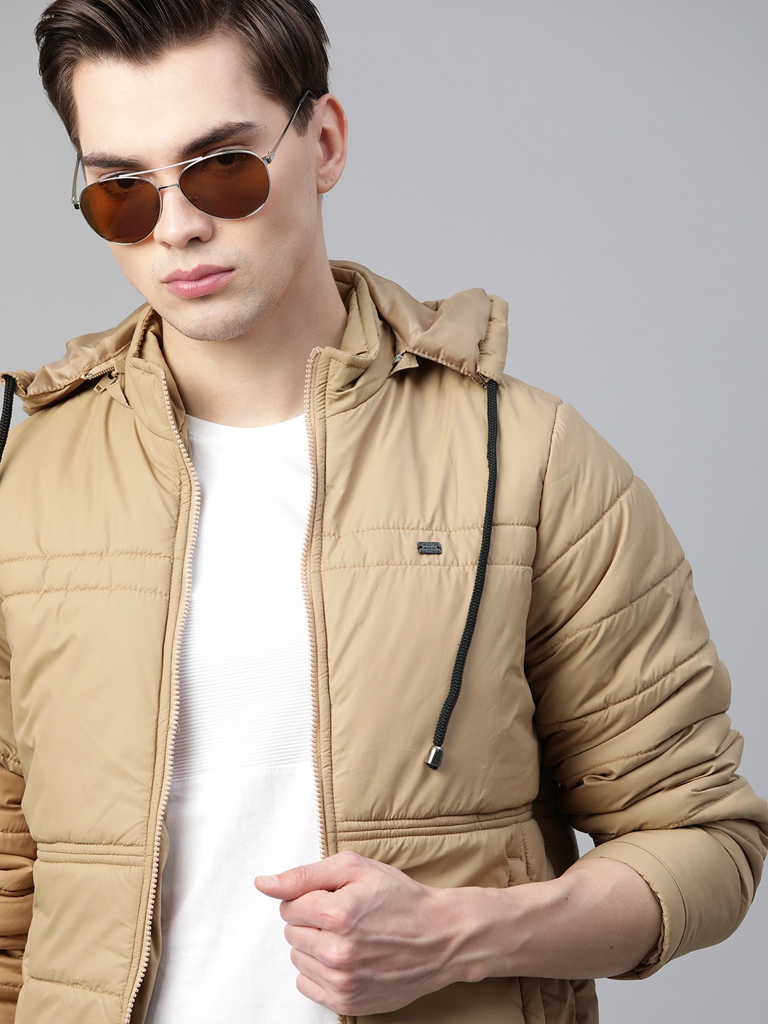 

Roadster Men Beige Hooded Padded Jacket