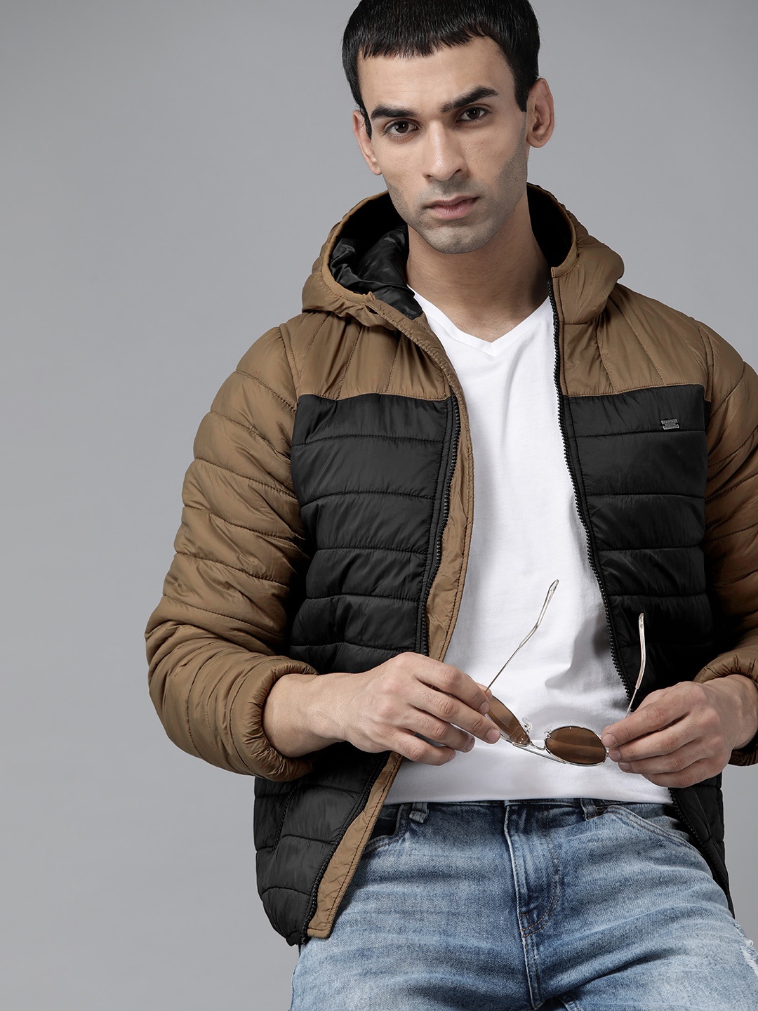 

Roadster Men Olive Brown & Black Colourblocked Padded Jacket