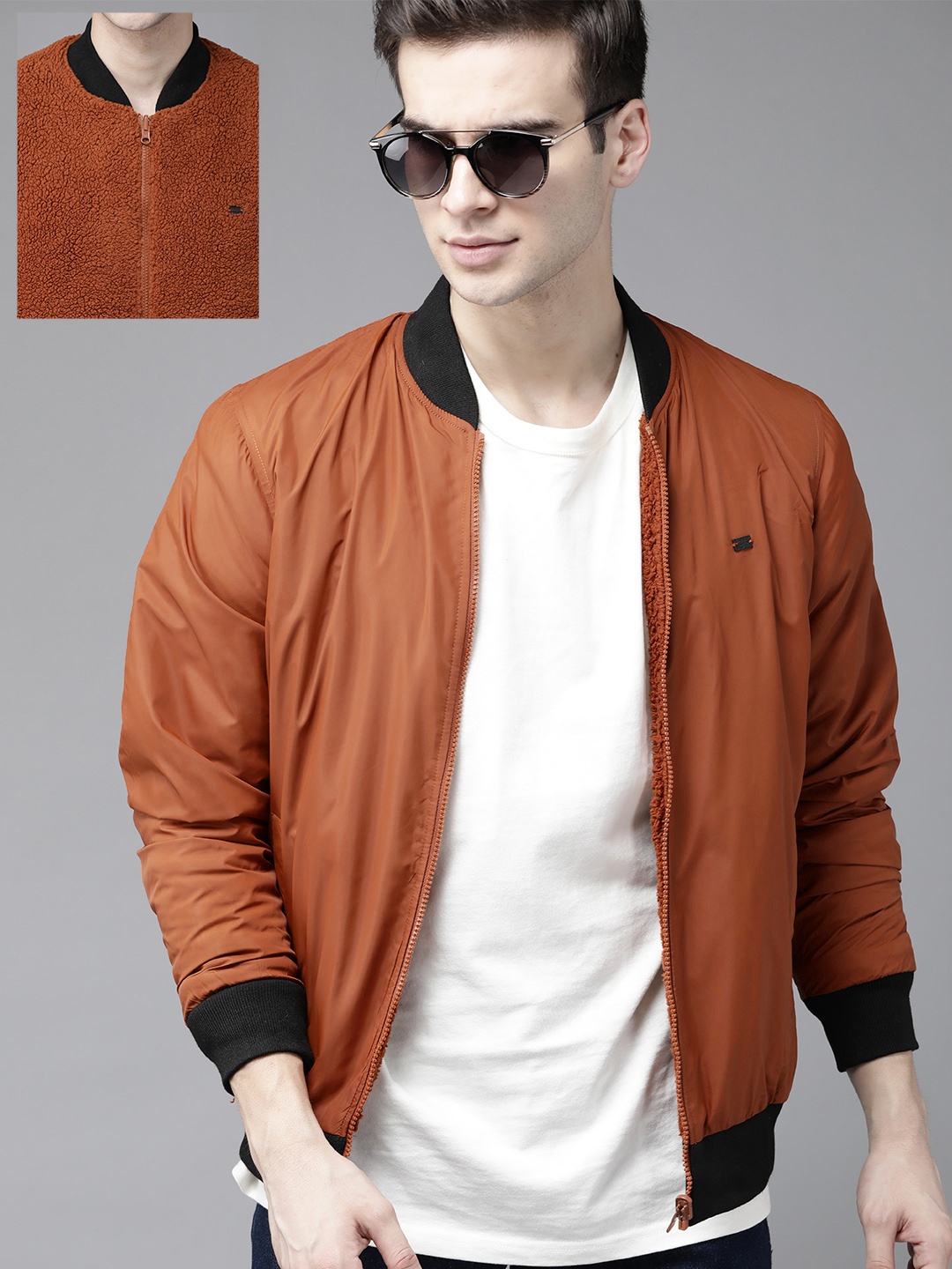 

Roadster Men Brown Reversible Sherpa Solid Bomber Jacket