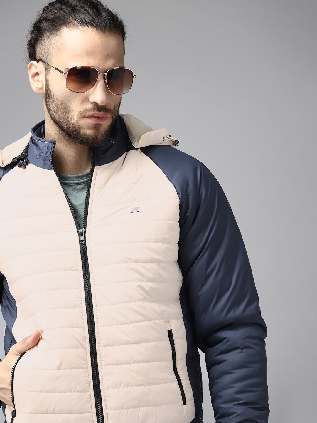 

Roadster Men Cream-Coloured Navy Blue Colourblocked Padded Jacket