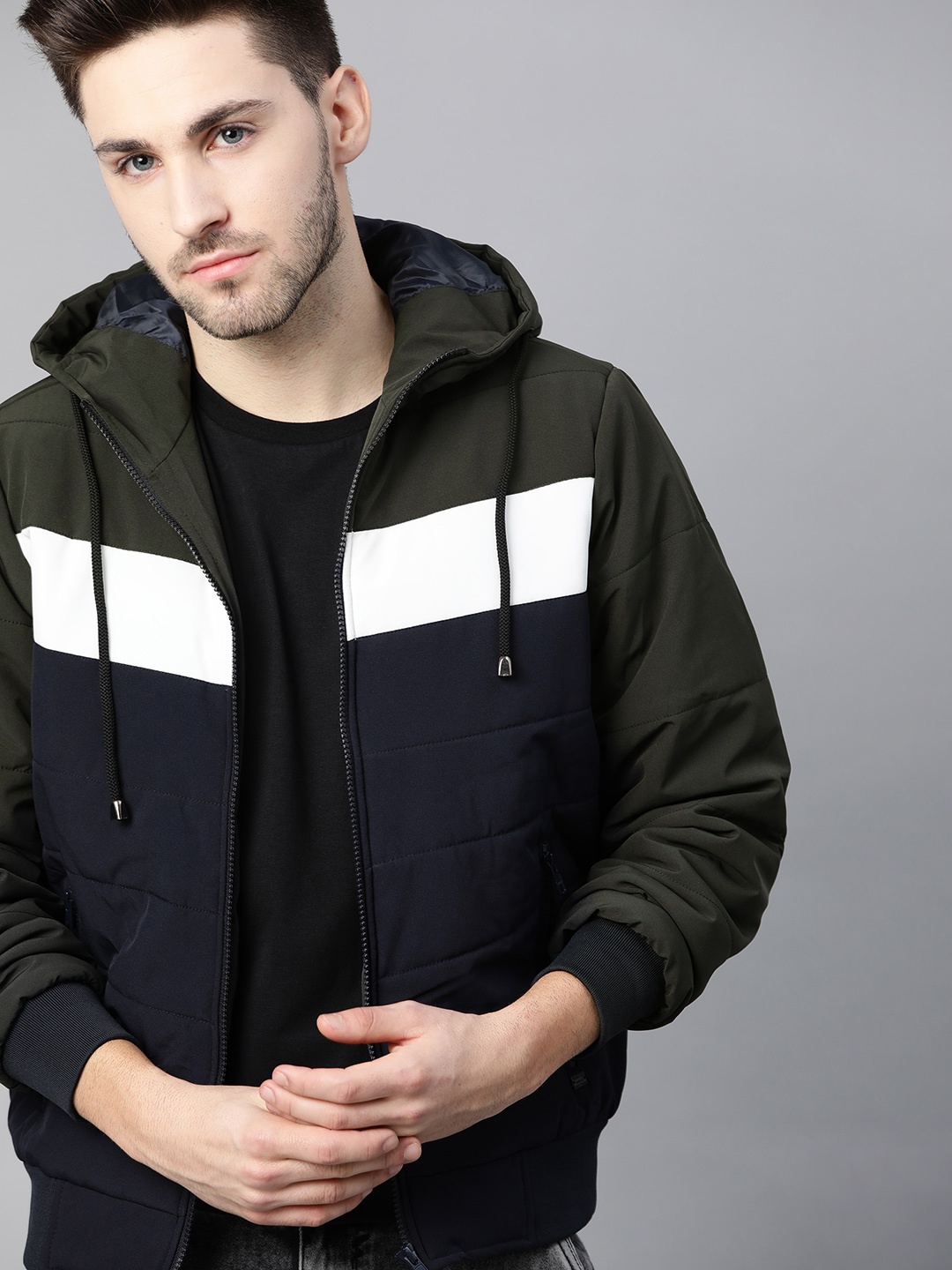 

Roadster Men Olive Navy Blue Colourblocked Padded Hooded Jacket