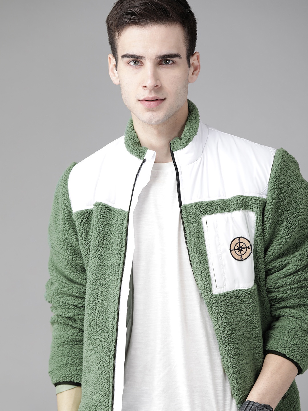 

Roadster Men Sage Green & White Colourblocked Sherpa Jacket