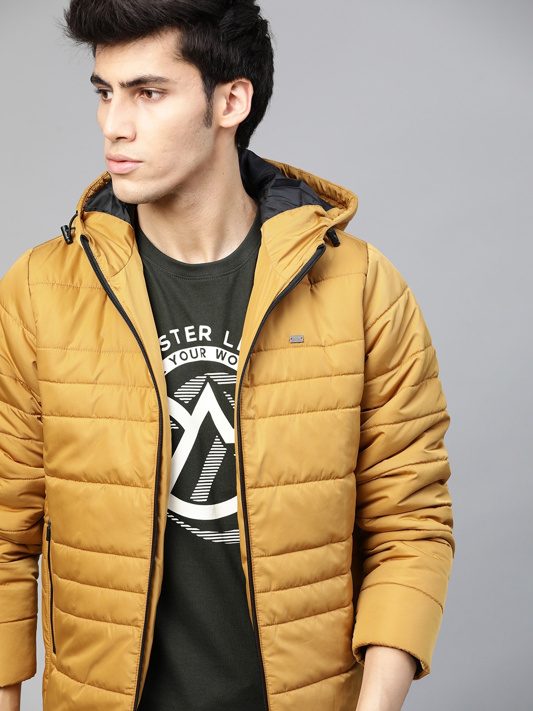

Roadster Men Mustard Yellow Solid Padded Jacket with Detachable Hood