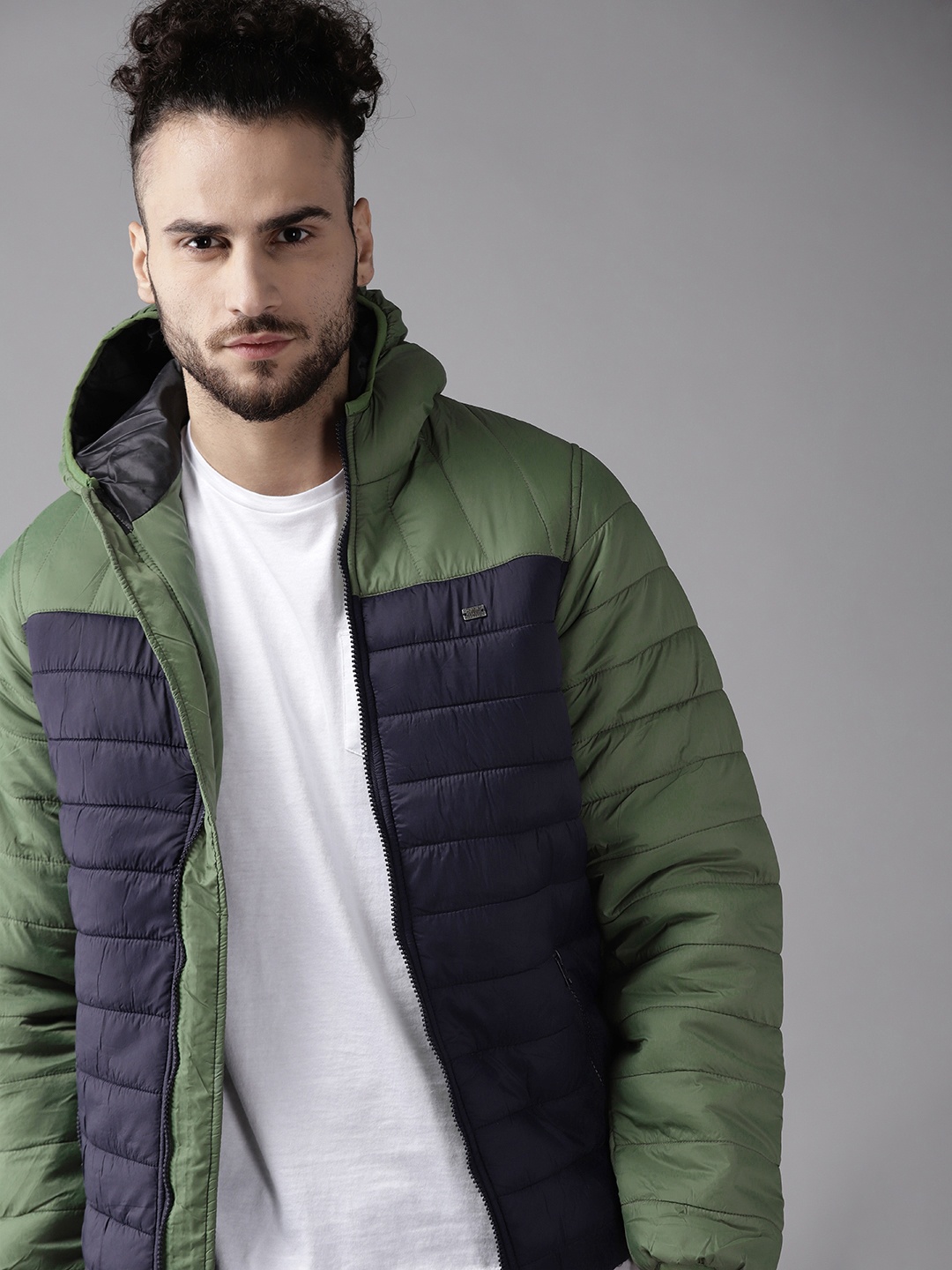 

Roadster Men Navy Blue & Olive Green Colourblocked Padded Jacket