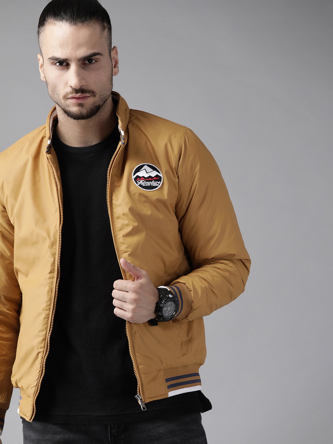 

Roadster Men Mustard Brown Varsity Jacket With Patchwork