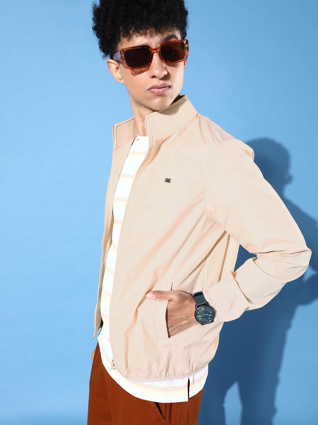 

The Roadster Lifestyle Co. Men Beige Solid Mock-Collar Sporty Jacket