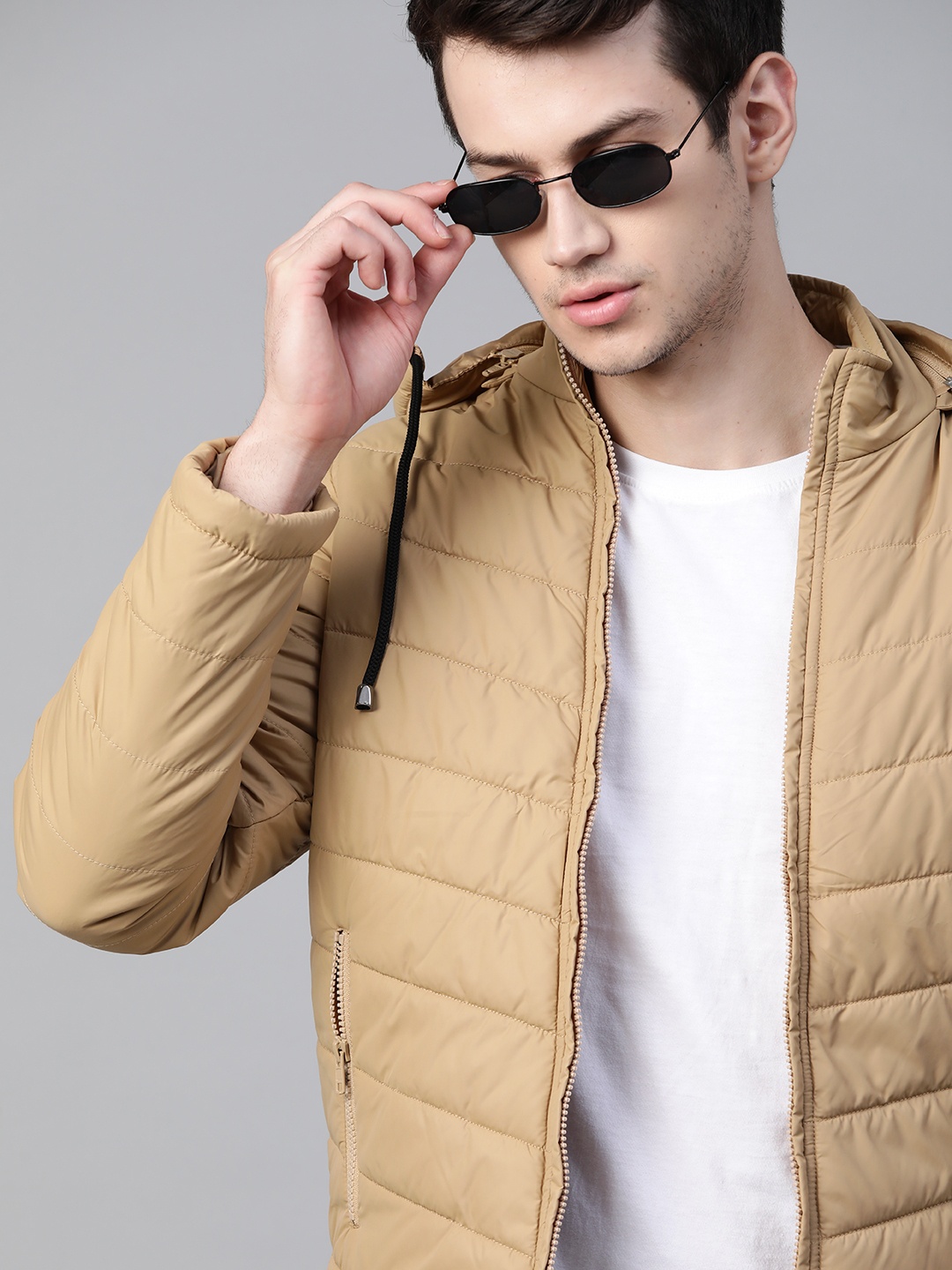 

Roadster Men Beige Solid Padded Jacket With Detachable Hood