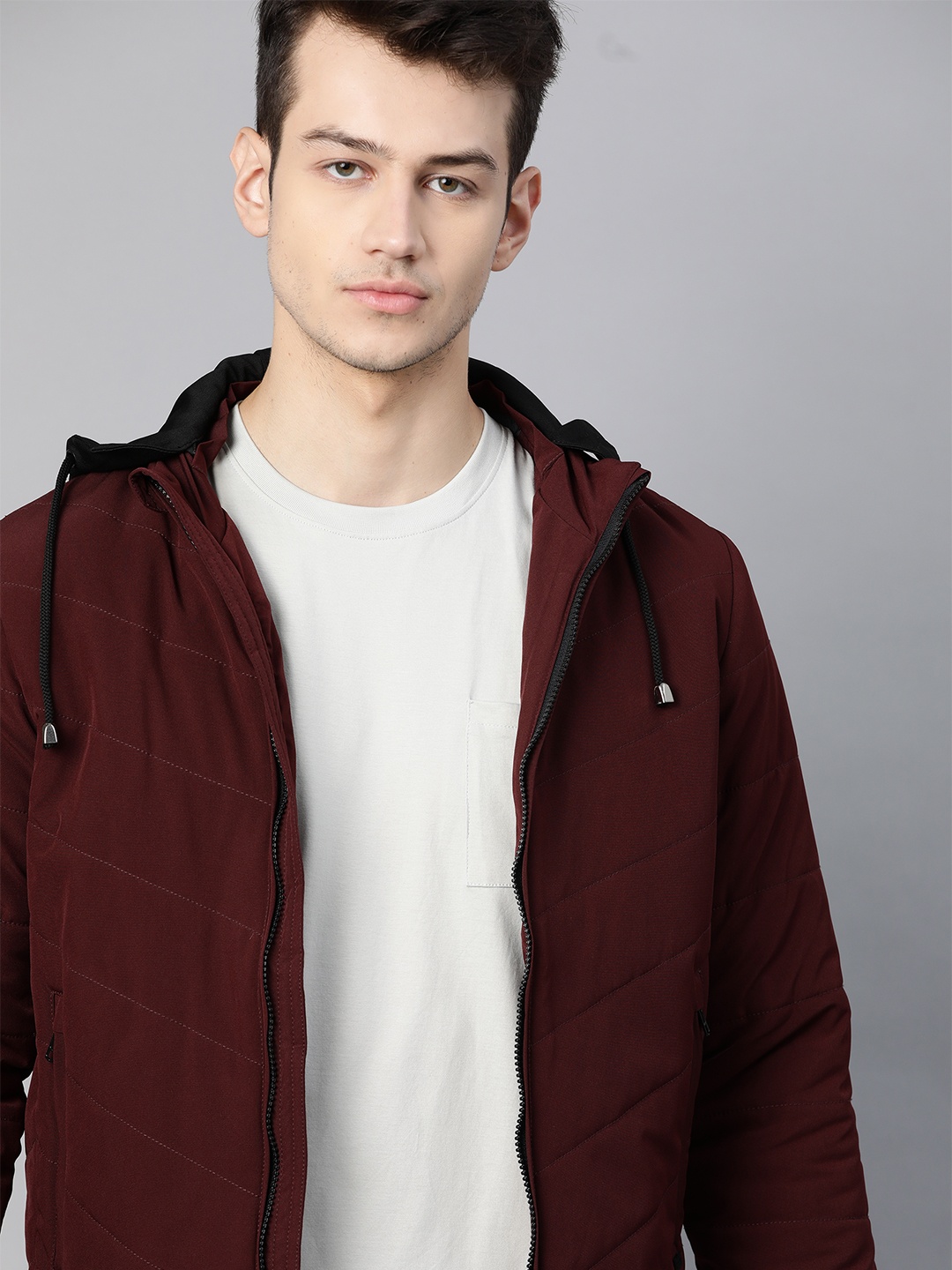 

Roadster Men Burgundy Padded Jacket With Detachable Hood