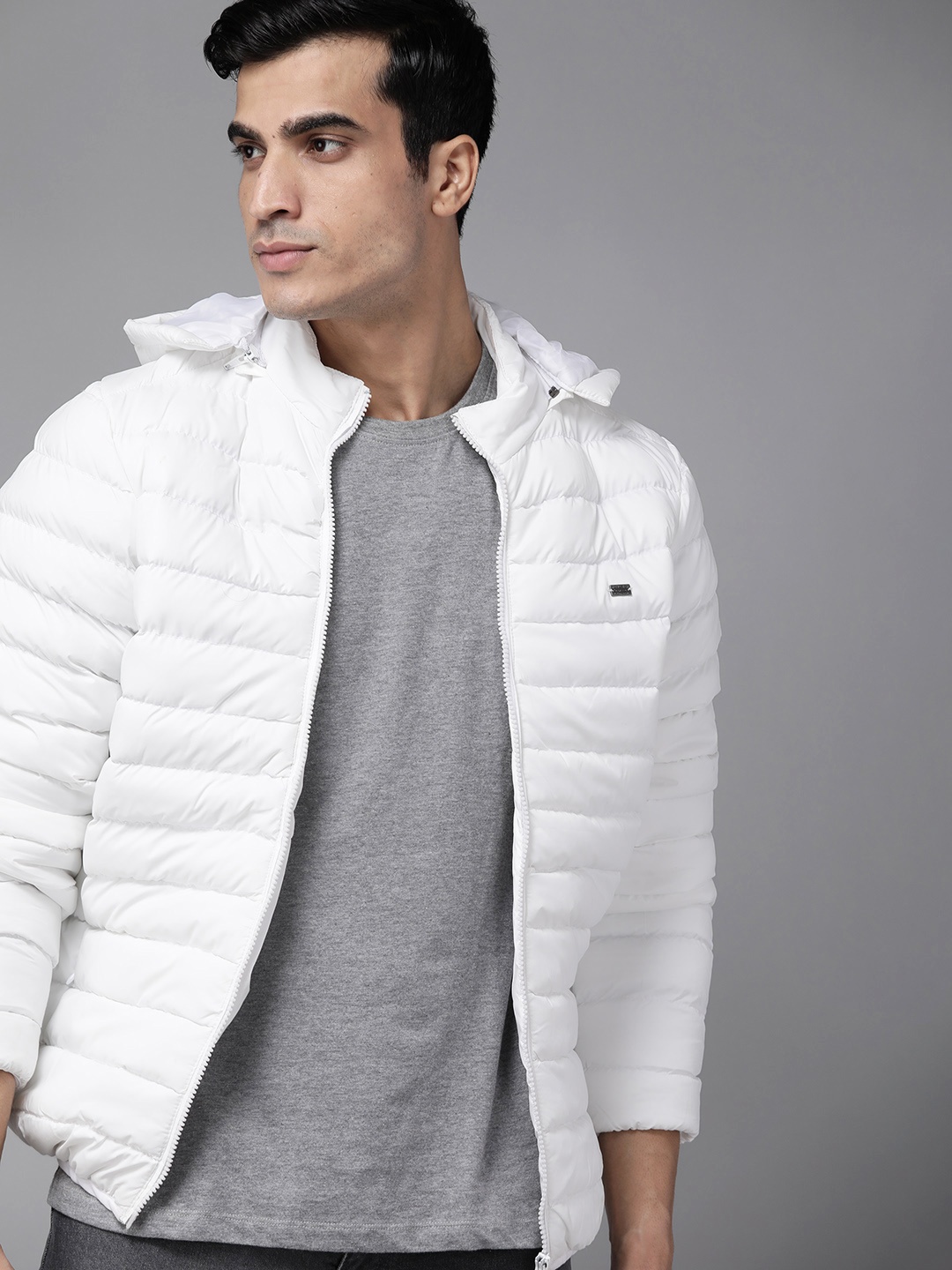 

Roadster Men White Padded Jacket with Detachable Hood