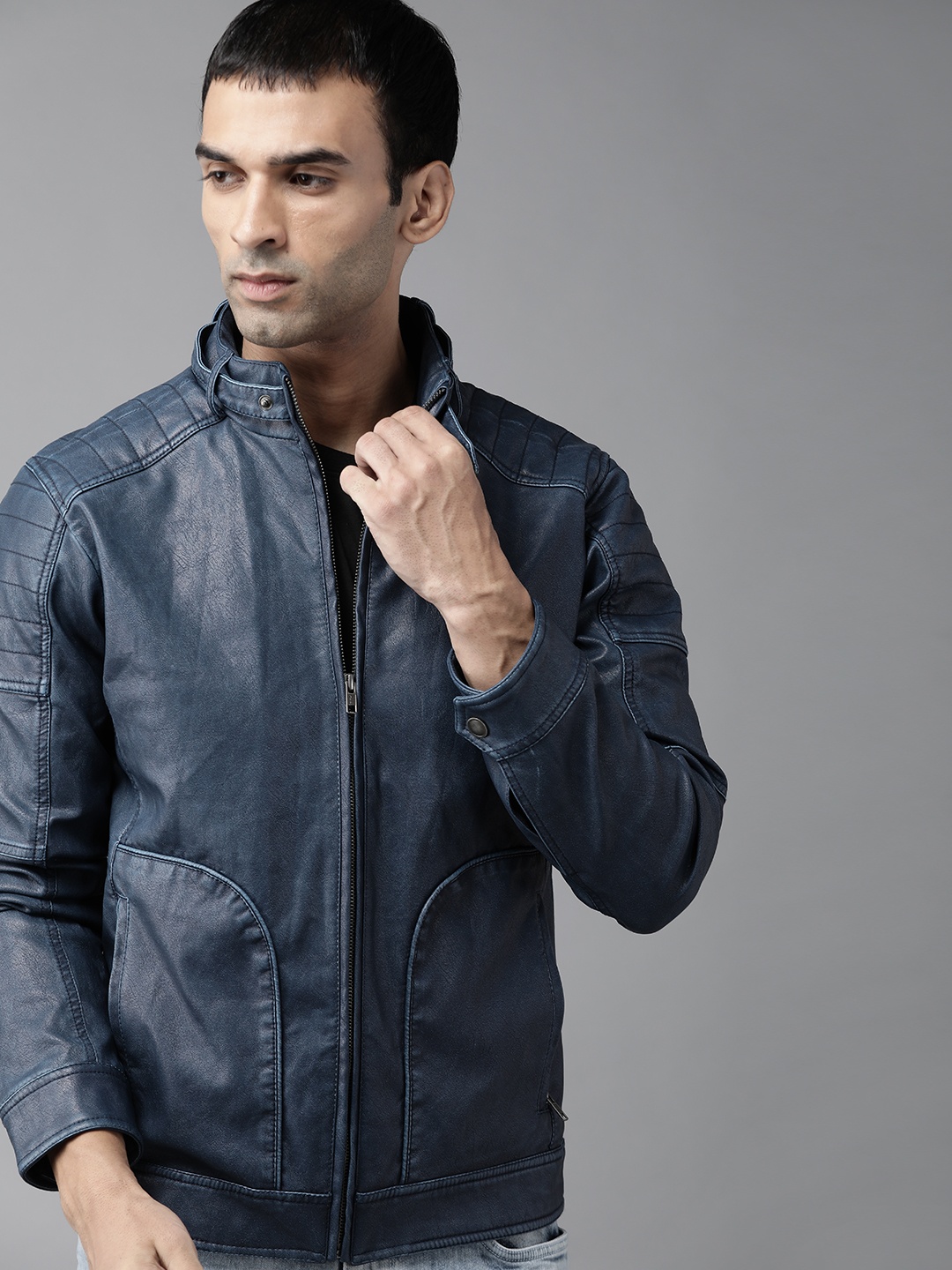 

Roadster Men Blue Solid Biker Jacket