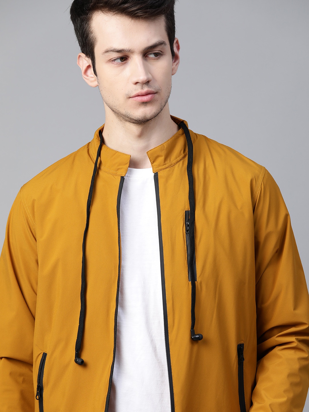 

Roadster Men Mustard Yellow Solid Padded Jacket With Attached Earphones